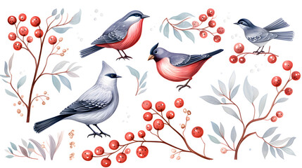 Hand-drawn Bird and Winter Berry Set: Charming Illustration of Cute Bird with Colorful Berries