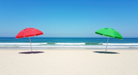 Two beach umbrellas on a serene sandy beach with a clear blue sky and ocean