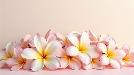 Naklejka premium Delicate Pink and White Plumeria Blossoms Arranged on a Pale Background, Creating a Serene and Tranquil Floral Composition Perfect for Wellness or Spa Themes