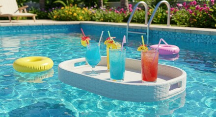Floating tray with colorful drinks in a sunny pool surrounded by greenery and flowers
