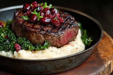 Grilled Steak with Cranberry Sauce Mashed Potatoes and Kale