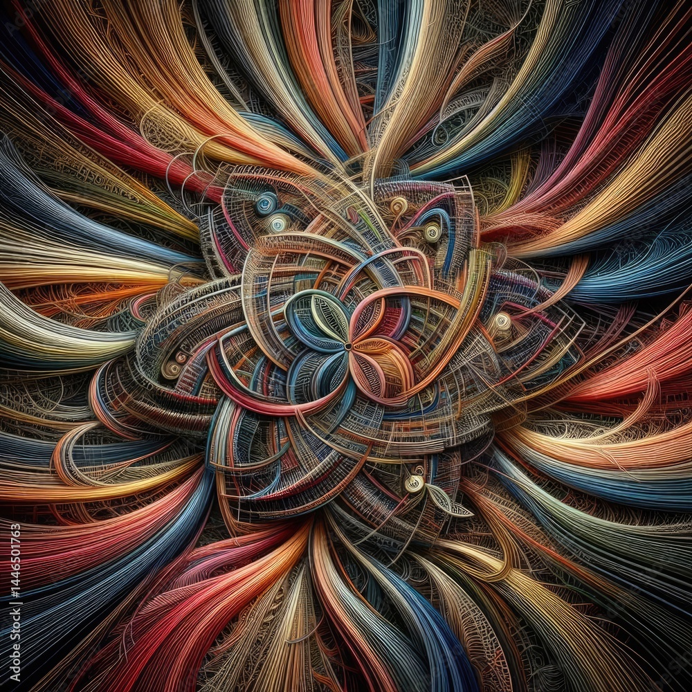 Poster intricate threads of various colors intertwining and merging to form a complex and beautiful tapestr