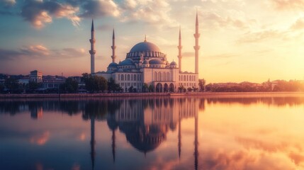 Naklejka premium Majestic Mosque at Sunrise: A Serene Reflection