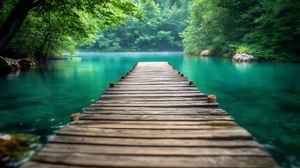 Fototapeta premium Tranquil Wood Pier Azure Lake Reflects Dense Green Forest Scenery Serene View