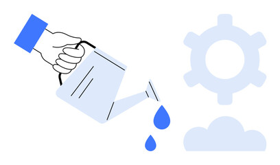 Hand holding a watering can pours water drops toward a gear and a cloud, symbolizing growth, development, innovation, teamwork, productivity, sustainability, and idea implementation. Ideal