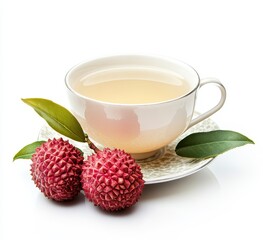 Light Yellow Lychee Tea in White Cup with Red Lychees and Green Leaves