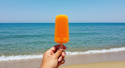 Hand holding an orange popsicle on a sandy beach with turquoise ocean and clear sky