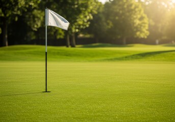 Obraz premium Serene golf course with white flag on green at sunset. Tranquil sports scene for Father's Day card or golf tournament invitation. Outdoor recreation concept.