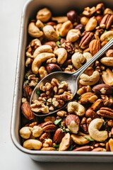 Obraz premium Mixed Nuts in Gray Dish with Silver Spoon