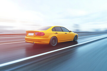 Obraz premium A vibrant yellow car speeding along a blurred highway, showcasing motion and freedom in a dynamic landscape