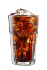 Glass of cola with ice cubes isolated on white
