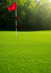 Obraz premium Golf course green with red flag on sunny day. Lush grass and trees. Sports background for Father's Day, summer vacation, or golf tournament concept. Copy space.