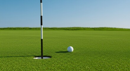 Obraz premium Golf ball near hole on green grass course. Close-up view of putting green and flagstick. Sports concept for Father's Day, summer vacation, and golf tournament