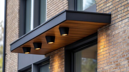 Fototapeta premium Modern awning over a brick building entrance. Dark metal canopy, light wood planks, and recessed lighting