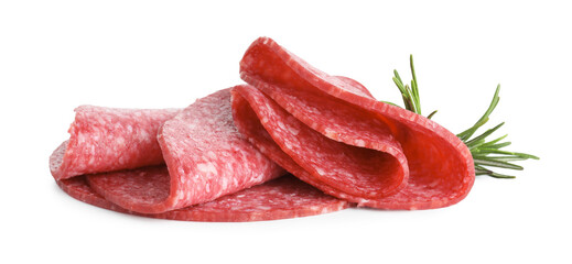 Slices of tasty smoked sausage with rosemary isolated on white