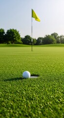 Fototapeta premium Golf ball near hole on lush green course with yellow flag. Sunny day at golf club. Concept of sport, leisure and outdoor recreation. Perfect for Father's Day or golf tournament