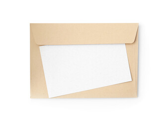 Blank greeting card and paper envelope on white background, top view