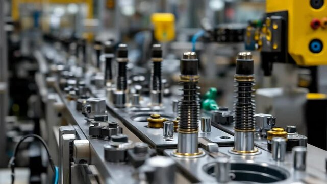 Automated industrial production line showcasing precision mechanical parts being manufactured in an automated factory with robotic arms.