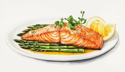 Pan Seared Salmon with Asparagus and Lemon on White Plate