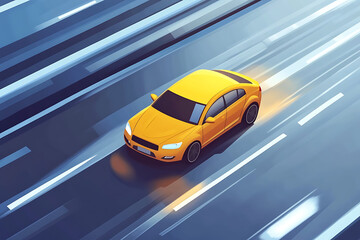A vibrant yellow car speeding down a modern highway, showcasing motion blur effects