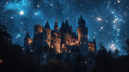 Majestic Castle Under a Starry Night Sky: A fantasy dreamscape comes to life