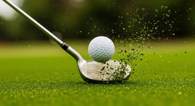 Golf club hitting ball on green course with grass explosion. Dynamic action shot for Father's Day gift or golf tournament promotion. Sports equipment close-up