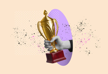Golden trophy cup in woman's hand on color background, creative collage