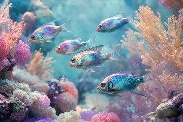 Fototapeta premium Vibrant, iridescent fish swim amidst colorful coral reefs in a serene underwater scene.
