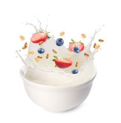 Oat flakes with fresh berries and milk splashing out from bowl on white background