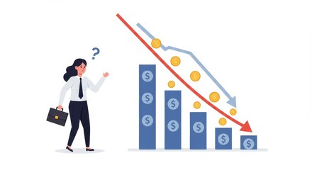 Obraz premium Confused businesswoman facing declining financial graph represents fiscal trouble