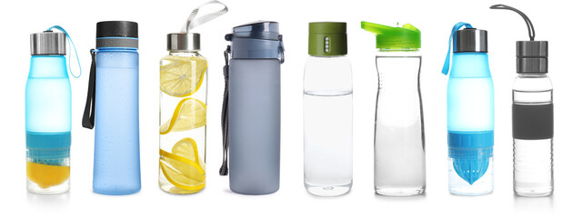 Different water bottles isolated on white, set