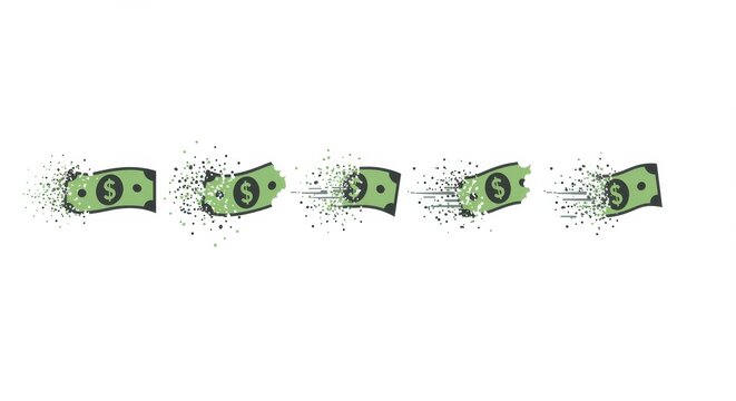 Dollar disintegration visualization depicting money dissolving or vanishing over time