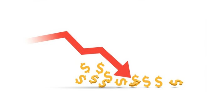 Downward Economic Trend Displayed with Red Arrow and Dollar Sign Icons
