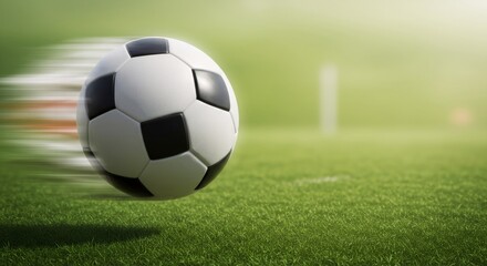 Soccer ball in motion on green grass field. Fast rolling football across pitch. Dynamic sports action shot for World Cup, UEFA Champions League, game day concept