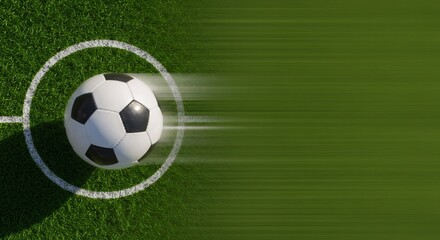 Obraz premium Soccer ball in motion on green grass field with white circular marking. Sports concept for World Cup, UEFA Champions League. Dynamic football image for sports event poster