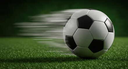 Soccer ball in motion on grass field with motion blur. Football championship concept. Sports event poster or World Cup tournament banner design