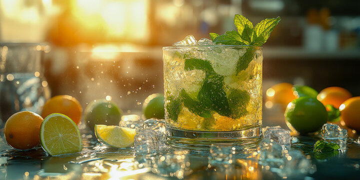 Refreshing mojito cocktail with ice and mint in a vibrant setting during sunny afternoon