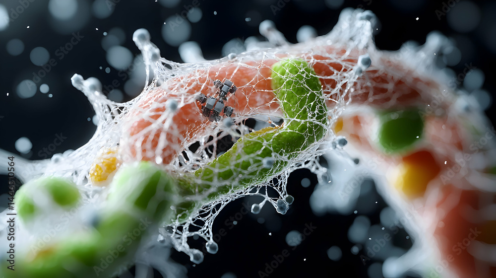 Poster an abstract macro image showcasing a complex biological structure encased in a delicate web. applica