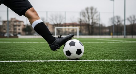 Fototapeta premium Soccer player kicking ball on green field. Closeup of foot and ball. Sports training, practice, and game concept. World Cup, Champions League, local tournament.