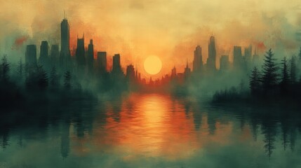 Obraz premium Watercolor painting showcases city silhouette at sunset reflecting on water