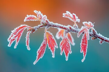 Frost-covered red leaves on a branch, showcasing the beauty of winter's first frost.