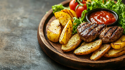 Delicious Grilled Meat with Potatoes and Fresh Vegetables on Plate