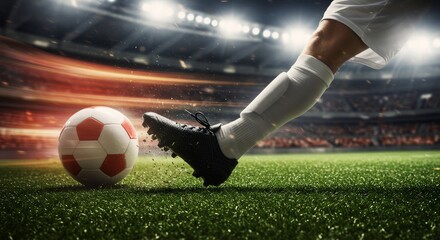 Fototapeta premium Soccer player kicking ball on field at night. Professional football match action. Sports event, championship game concept. World Cup, UEFA Champions League image