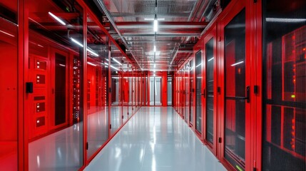 Illuminated server room showcasing modern technology and data processing capacity