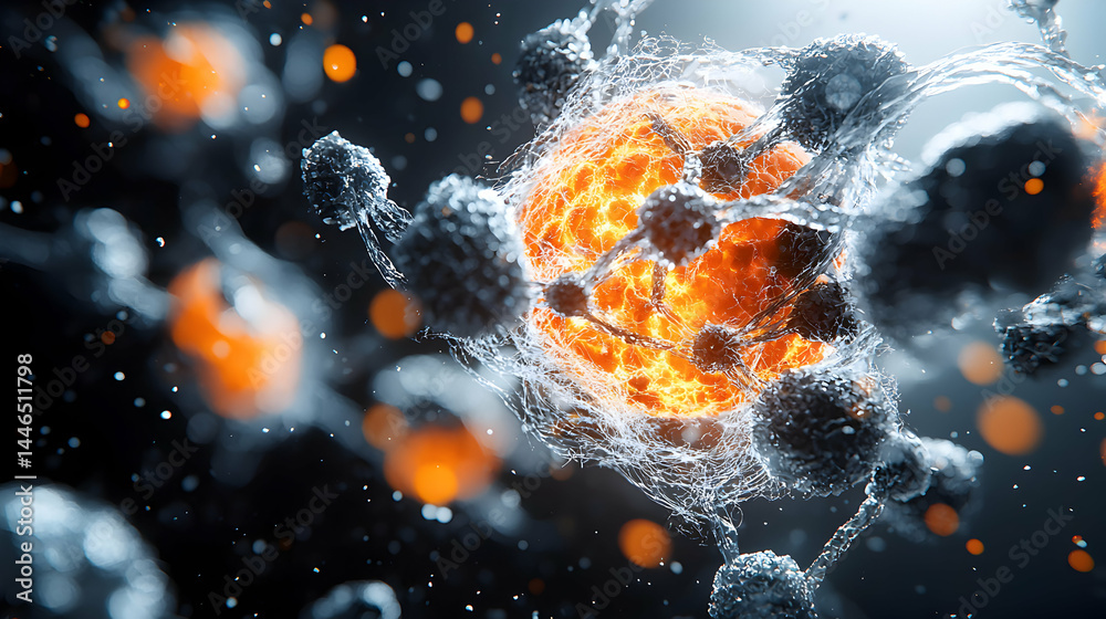 Poster abstract image showing a glowing sphere surrounded by complex structures. it could represent scienti