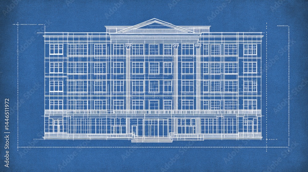 Poster blueprint-style building icon with dotted lines and elevation symbols on graph paper