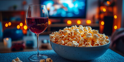 Evening relaxation with popcorn and red wine enjoyed at home while watching a movie on a cozy couch