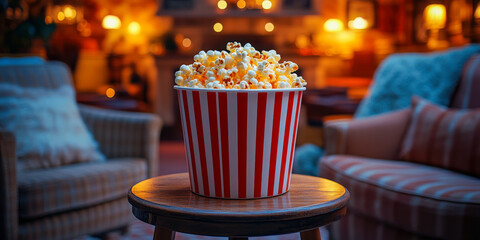 Perfectly popped popcorn waits for movie night in a cozy living room filled with warm lights