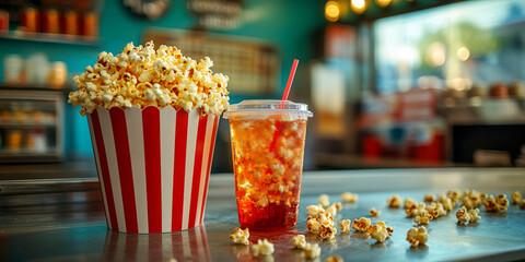 Delicious snack arrangement featuring popcorn and a refreshing drink in a vibrant concession stand