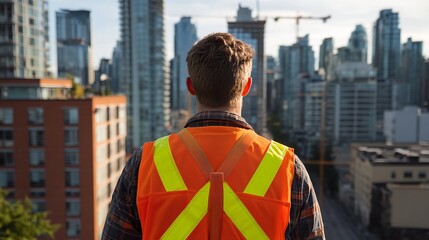 Fototapeta premium Construction Worker in Safety Vest Facing Cityscape